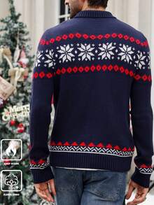 Manfinity Homme 大码男士几何印花前扣休闲图案拼色套头长袖毛衣，适合外出、丈夫 - 藍色 - 查看 2