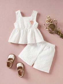 SHEIN Conjunto informal de body vestido y shorts para niña bebé decorado con flores en 3D - Blanco - Ver 1