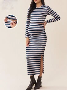 SHEIN Women Striped Long Sleeve Top & Pants 2 Pieces Set, Maternity Wear, Maternity Wear, Autumn