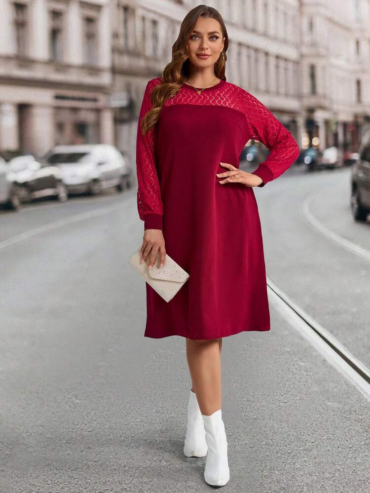 Plus Size Women's Solid Color Round Neck Contrast Lace Long Sleeve Straight Elegant Fall Dress