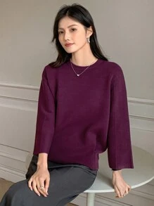 DAZY 女士圆领长袖简约套头毛衣，淑女风格，适合日常休闲穿着，七分袖上衣，秋冬 - 紫色 - 查看 3