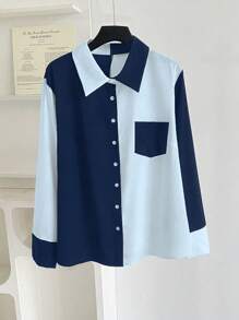 SHEIN Clasi Plus Size Autumn Color Blocking Long Sleeve Casual Shirt - Multicolor - View 7