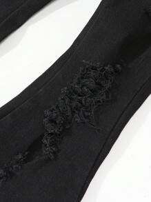 Young Girl Elastic Waist Personalized Oblique Design Distressed Ripped Denim Flare Pants - Black - View 3