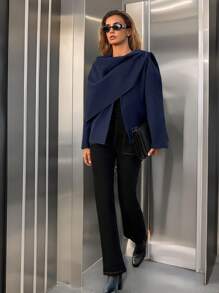 SHEIN Essnce 2024秋季女装机场装时尚休闲宽松百搭黑色毛呢外套设计单件围巾短款开衫外套冬季保暖毛呢外套