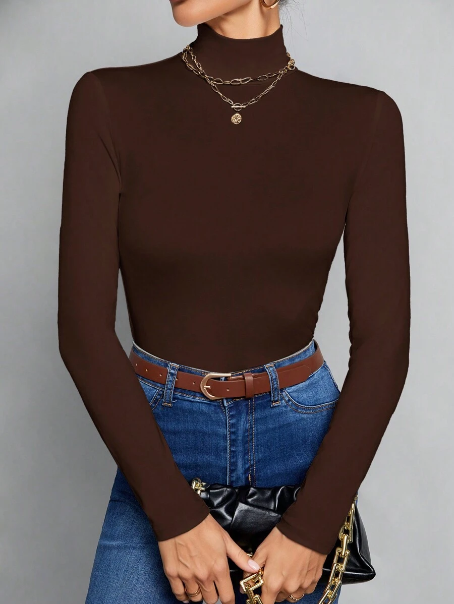 SHEIN Tall Atasan Putih Polos Sederhana dengan Kerah Tinggi, Cocok untuk Musim Gugur dan Musim Dingin, untuk Wanita Tinggi - Coffee Brown - View 1