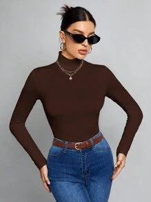 SHEIN Tall Atasan Putih Polos Sederhana dengan Kerah Tinggi, Cocok untuk Musim Gugur dan Musim Dingin, untuk Wanita Tinggi - Coffee Brown - View 7