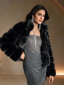 Anewsta Women's Autumn And Winter Casual Elegant Elegant Stand Collar Furry Jacket - Black - View 6