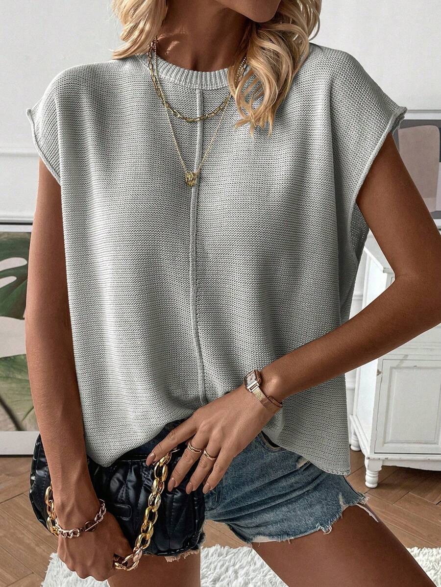 Solid Batwing Sleeve Sweater Vest - Grey - View 1