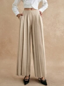 Poéselle Women's Solid Color Pleated Pocket Minimalist Office Pants, Casual Wear
