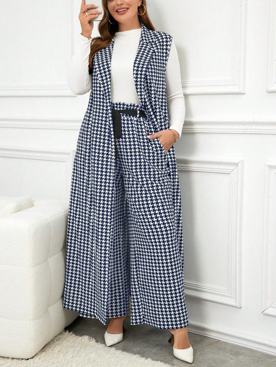 SHEIN Clasi 2pcs/Set Plus Size Women Houndstooth Print Long Jacket & Wide-Leg Pants Suit - Navy Blue - View 1