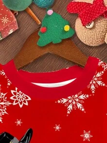 SHEIN Leap Crew Áo nỉ dệt kim dài tay cổ tròn thoải mái, dễ thương, họa tiết bông tuyết màu đỏ dành cho bé gái, thích hợp cho mùa thu đông - Nhiều màu - Xem 4