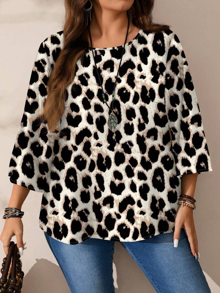 EMERY ROSE 大码女式休闲全豹纹宽松圆领 3/4 袖衬衫，秋冬 - 卡其色 - 查看 1