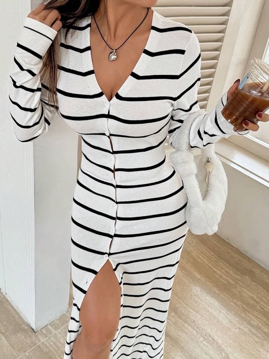 Muchica Black And White Striped Long Fitted Cardigan, Autumn/Winter - White - View 1