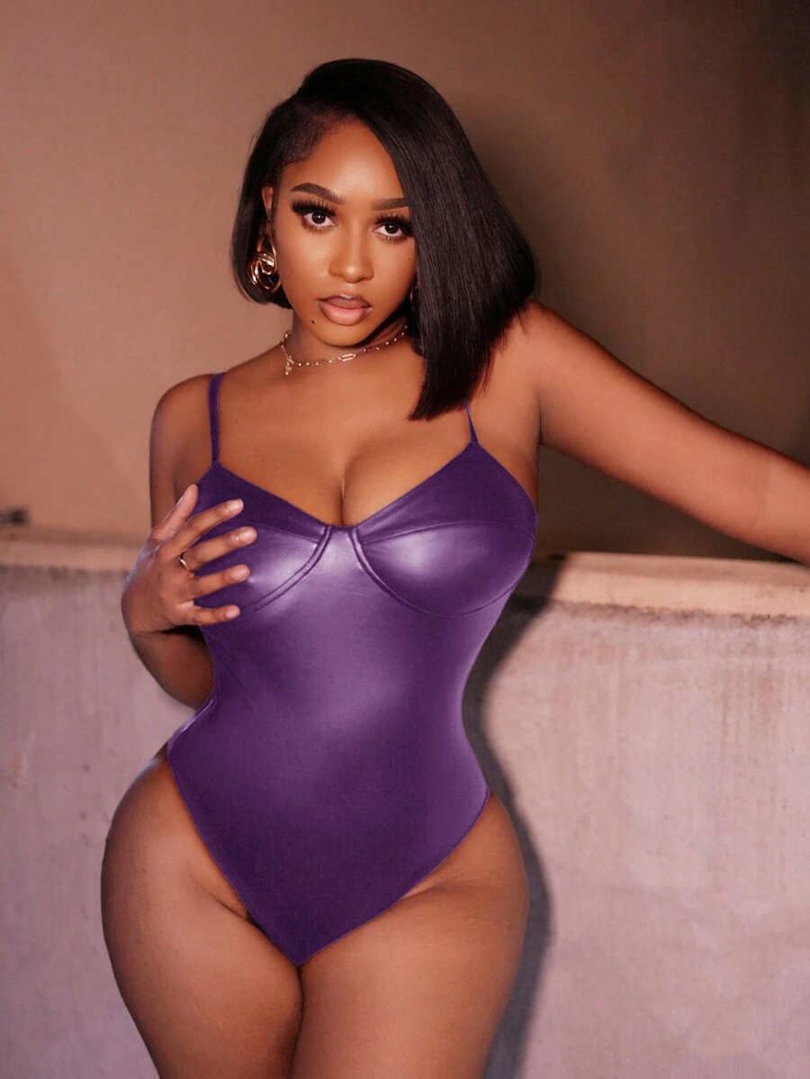 Slaydiva 夏季音乐节优雅吊带背心文胸黑色 PU 紧身女式紧身衣-D