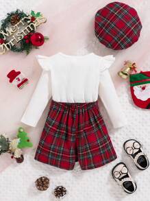 3pcs Christmas Plaid Bow Decor Long Sleeve Top, Skirt & Hat Set, Cute Outfit For Baby Girls, Suitable For Autumn/Winter