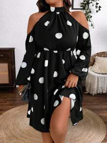 SHEIN Clasi Váy hở vai nhún eo in họa tiết chấm bi thanh lịch cỡ lớn, mùa thu - Đen và trắng - Xem 3