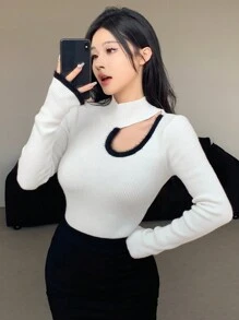 DAZY Women Contrast Color Splicing Hollow Out Turtleneck Pullover Sweater,Fall Clothes