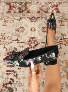 CUCCOO TILAWA Women's Floral Print Pointed Toe Flat Slip-On Casual Loafers