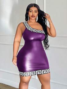 Slaydiva 女士优雅单肩黑色针织紧身连衣裙，带几何图案，弹性皮革 - 紫色 - 查看 3