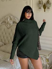 Flirla Áo len Giáng sinh cỡ lớn ấm áp với vạt áo bất đối xứng, cổ cao, áo len chui đầu, áo len mùa đông, áo len mùa thu. - Màu xanh lá cây đậm - Xem 3