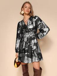 Chiquease Damen Vintage elegantes Wickelkragen Laterne Ärmel Taille Rüschen kurzes Kleid