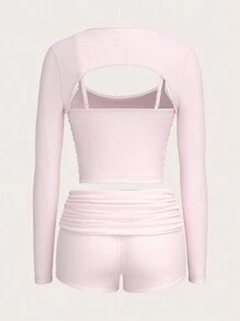 Sweetina 3 件套 Y2k 细肩带 Y2k 长袖短款上衣和低腰短裤修身粉色冬季套装 - 粉色 - 查看 2