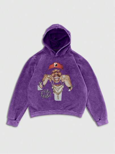 Street Life Men's Washed Casual Character Print Long Sleeve Hoodie Sweatshirt