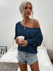 SHEIN LUNE 1 pieza Blusa de mujer de manga larga con hombro oblicuo, casual para uso diario