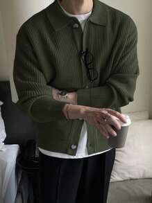 DAZY 橄榄绿色男士长袖纽扣前休闲开衫，秋季夹克