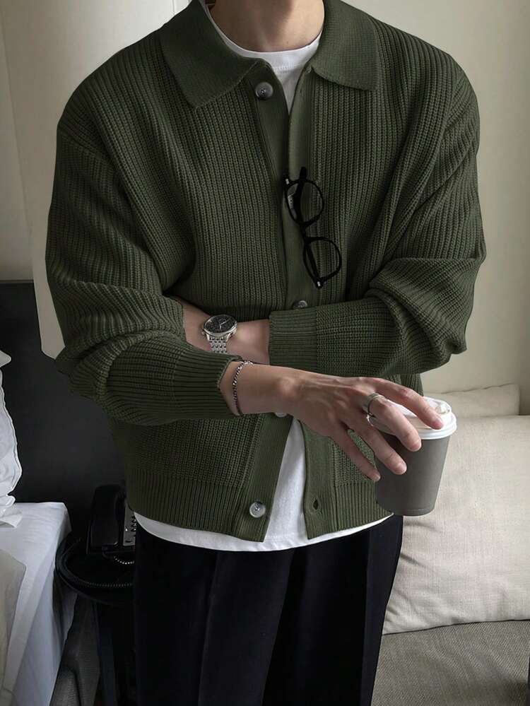 Olive Green Men's Long Sleeve Button Front Casual Cardigan, Autumn Jacket