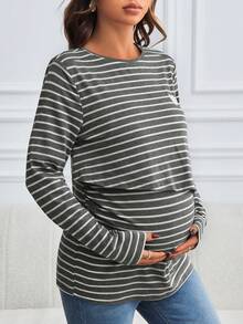 SHEIN 孕妇休闲爱心刺绣哺乳友好型修身圆领长袖 T 恤 - 灰色 - 查看 5