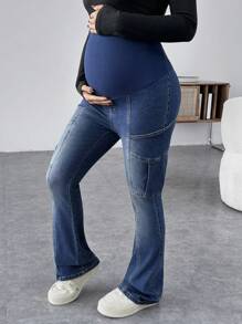 SHEIN Maternity Blue Casual Skinny Flared Jeans - Blue - View 5