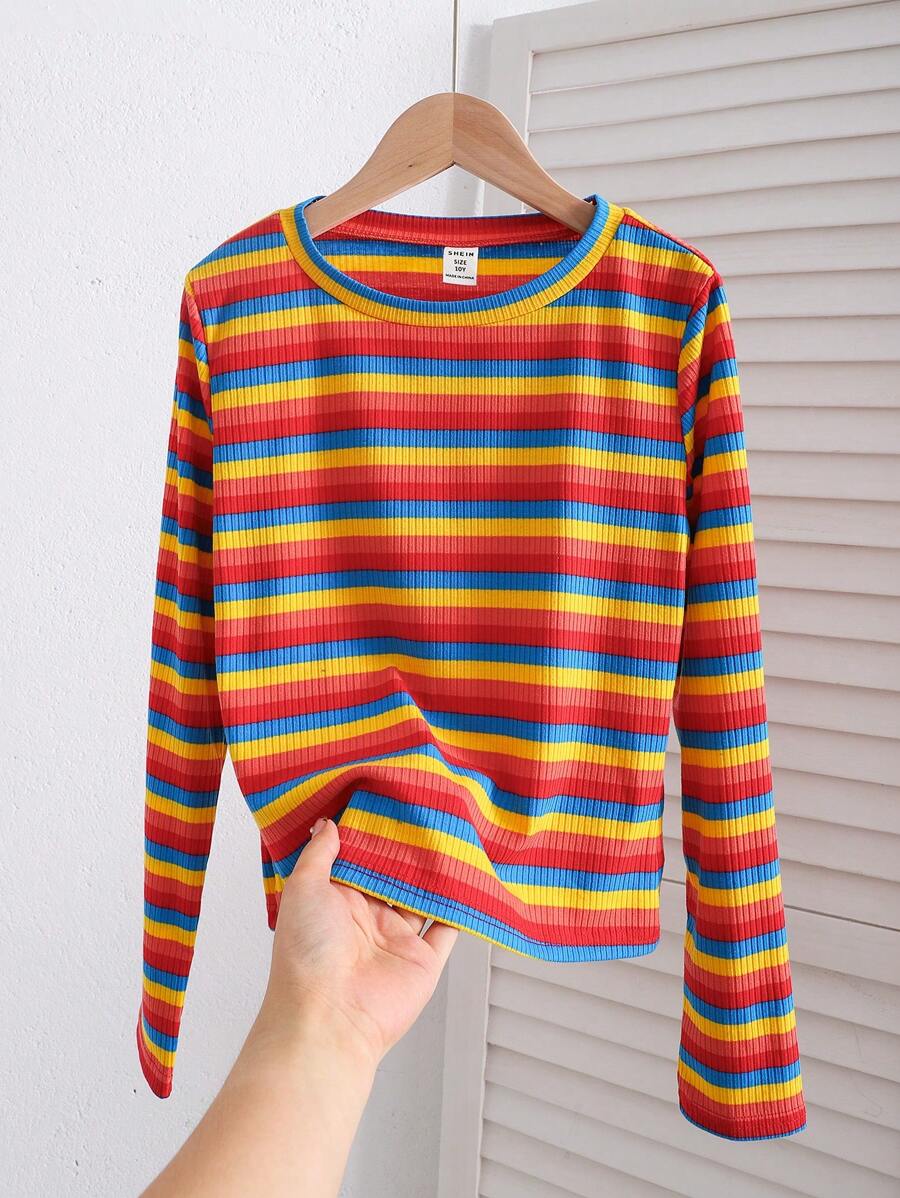 SHEIN Dziewczęca, swobodna dzianinowa, kolorowa, w paski, z okrągłym dekoltem i długim rękawem