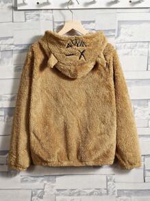 SHEIN Áo khoác có mũ trùm đầu dày lót nhiệt có khóa kéo cho bé trai tuổi teen - Màu Khaki - Xem 2