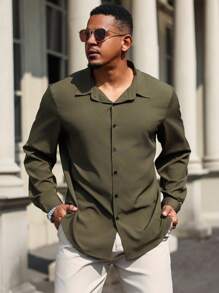 Manfinity Homme Plus Size Men's Solid Color Long Sleeve Casual Shirt For Autumn - Army Green - View 1