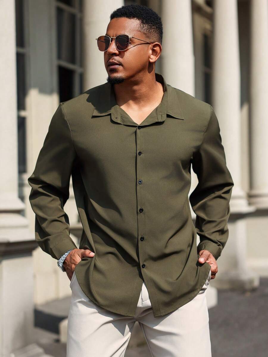 Manfinity Homme Plus Size Men's Solid Color Long Sleeve Casual Shirt For Autumn - Army Green - View 1
