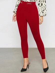BizChic Quần legging co giãn màu trơn có chi tiết xích, đồng phục làm việc - Đỏ - Xem 6