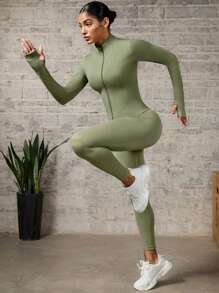 SHEIN Yoga Basic Women Solid Color Long Sleeve Top And Leggings Skinny Fit Sports Set Gym Setwomen Workout Set Women Leggings Set - Green - View 4