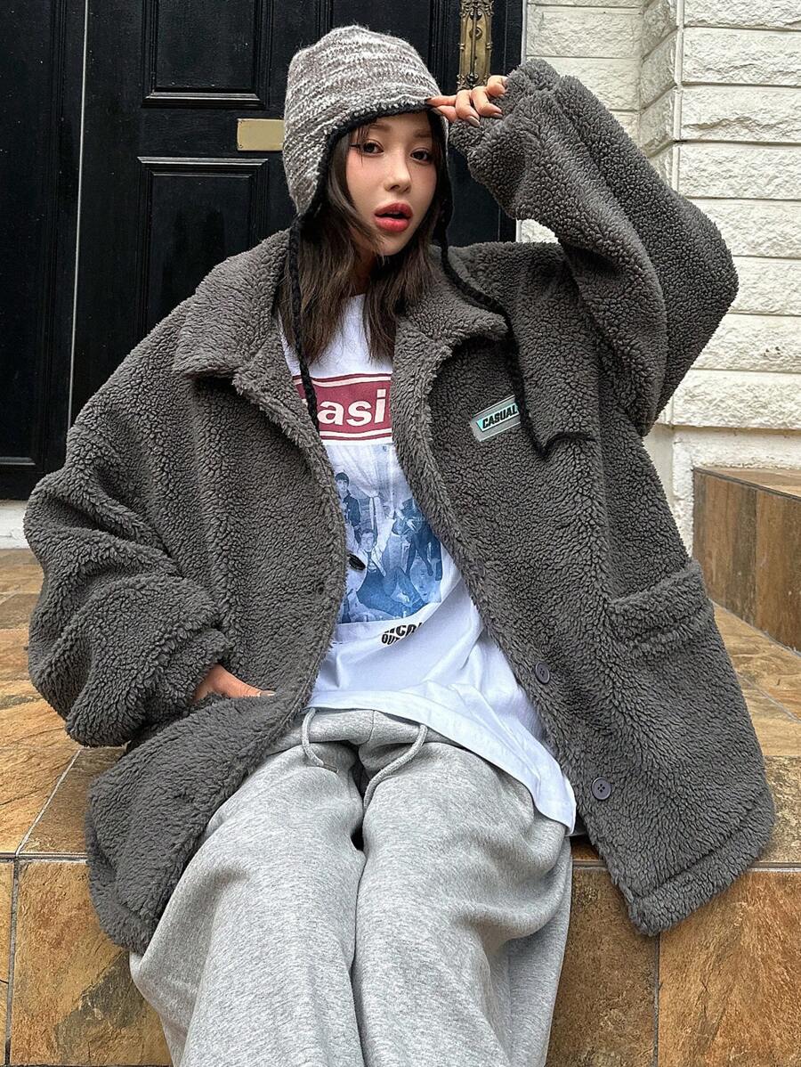 DAZY Manteau ample en molleton avec lettres appliquées, style décontracté streetwear pour femmes. Vêtements d'automne/hiver, veste pour femmes, vêtements d'automne pour femmes - Gris foncé - Voir 1