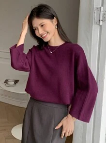 DAZY 女士圆领长袖简约套头毛衣，淑女风格，适合日常休闲穿着，七分袖上衣，秋冬 - 紫色 - 查看 5