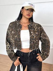 SHEIN ICON Plus Size Women Leopard Print Long Sleeve Single Breasted Cropped Denim Jacket, Autumn - Multicolor - View 5