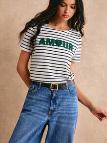 Poéselle Striped & Letter Graphic Tee - Green - View 3