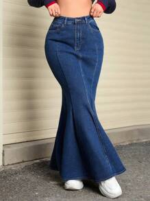SHEIN EZwear Women Casual Fashionable All-Match Denim Skirt With Fishtail Hem, Autumn