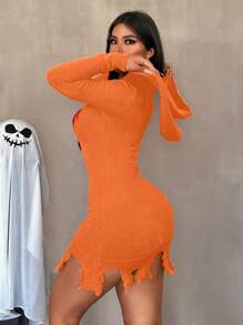 Zolique 全新万圣节南瓜与尖牙图案橙色性感镂空破洞流苏连帽衫紧身迷你女式连衣裙