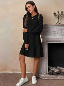 SHEIN LUNE Women's Casual Round Neck Ruffle Long Sleeve Dress - Black - View 6