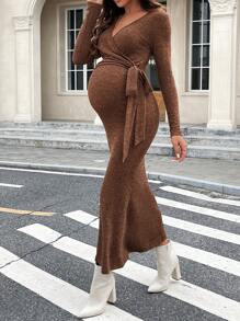 SHEIN Maternity V-Neck Tie-Up Long Sleeve Simple Casual Long Dress