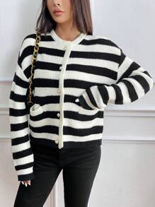 SHEIN LUNE Chaqueta tipo cardigan casual con botones delanteros a rayas, adecuado para el uso diario en otoño/invierno