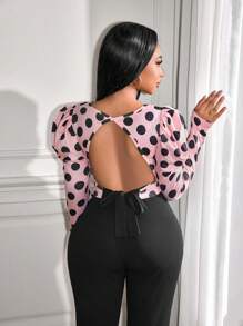 Zolique 轻奢优雅冬季女装长袖波点印花后背镂空吊带设计女T恤秋季女装 - 彩色 - 查看 3