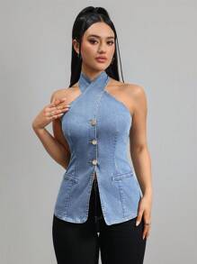 K-Vae Women Sexy Bodycon Halter Denim Top, Blue