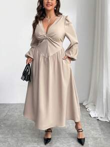 SHEIN Privé Plus Size Women Elegant Minimalist Loose Lantern Sleeve A-Line Dress, Twist Bust Design, Suitable For Date Night & Party, Autumn/Winter